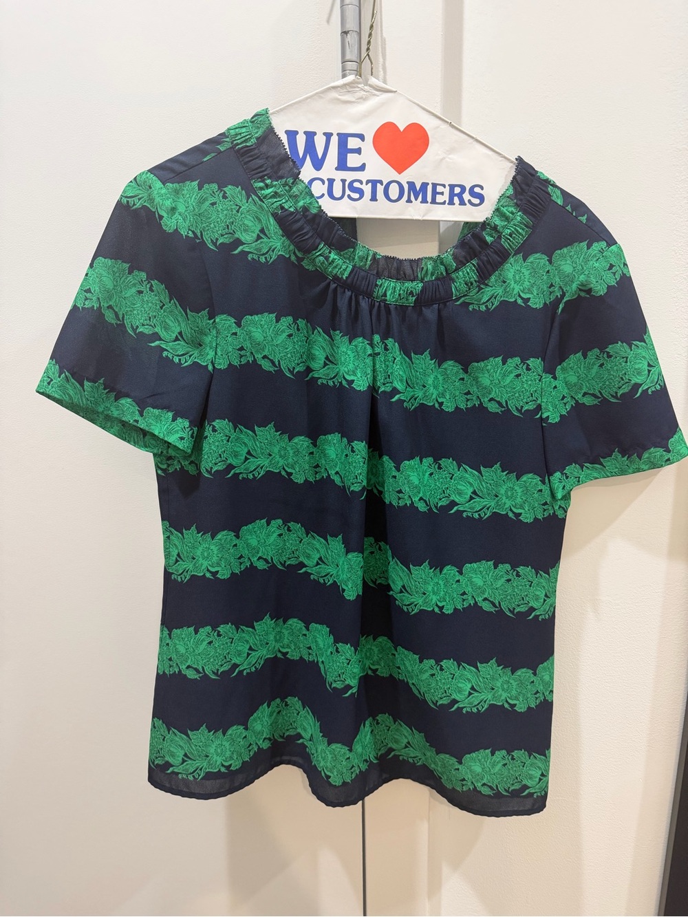 J. Crew Navy Top blouse with Green Floral Stripe size 6